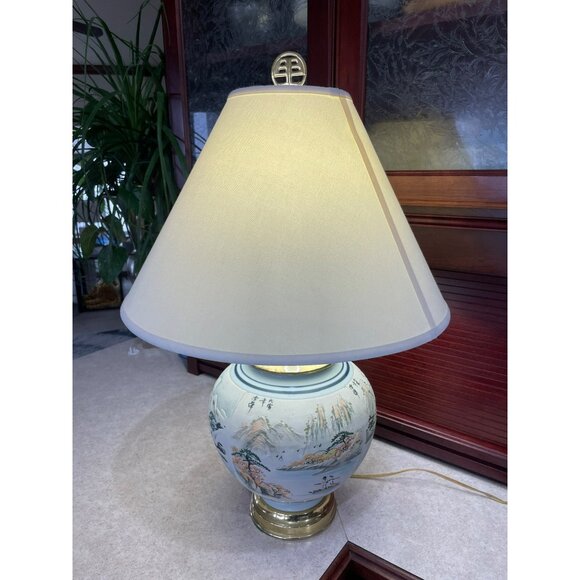 Vintage Hand-Painted Porcelain Table Lamp With Oriental Landscape Design & Brass